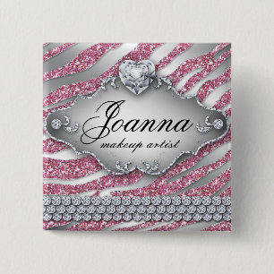 Zebra Button Namn bricka Makeup Artist Rosa Glitte Knapp