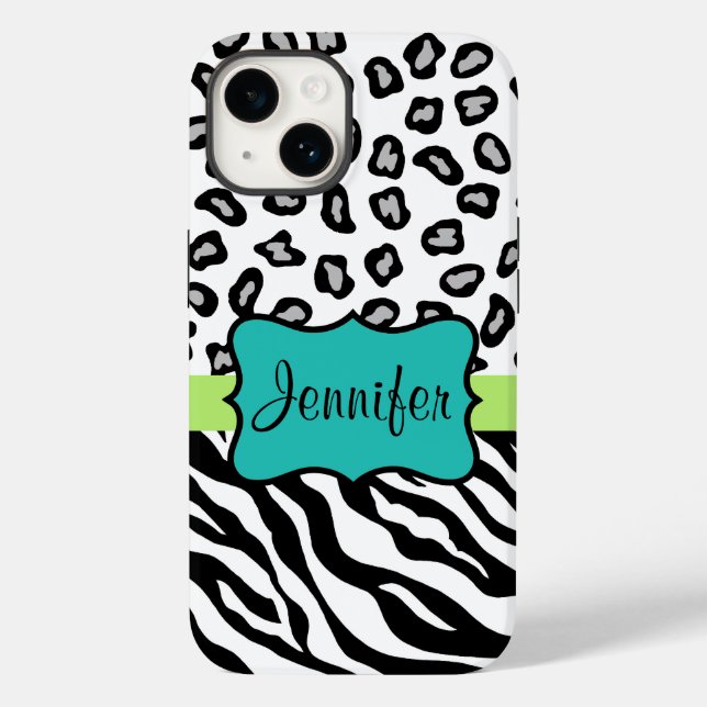 Zebra Cheetah Leopard Skin Black White Teal Namn (Baksida)
