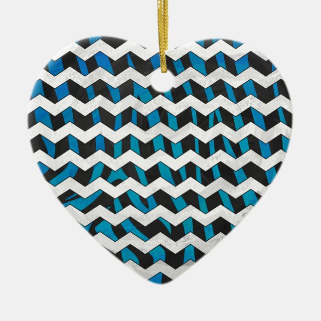 Zebra Chevron Black och Blue Julgransprydnad Keramik (Framsidan)