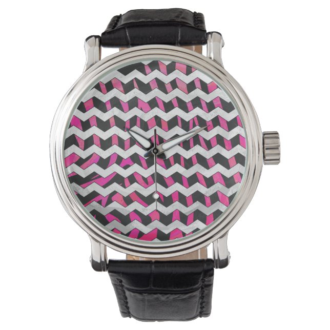 Zebra Chevron Black och Shock rosa Armbandsur (Framsida)