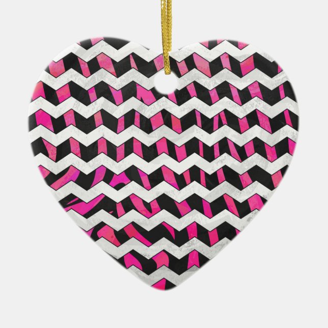 Zebra Chevron Black och Shock rosa Julgransprydnad Keramik (Framsidan)