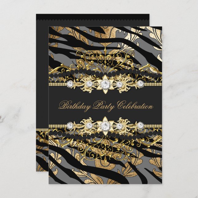 Zebra Damask Guld Black Foil Beige Elegant Party Inbjudningar (Fram/baksida)