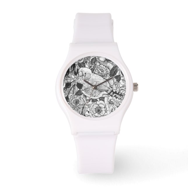 Zebra finch och ro bush bläck teckning armbandsur (Framsida)