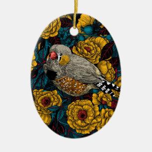 Zebra finch och ro bush julgransprydnad keramik