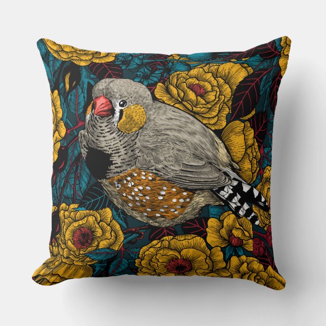 Zebra finch och ro bush kudde (Framsida)