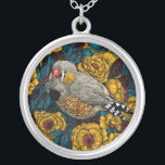 Zebra finch och ro bush silverpläterat halsband<br><div class="desc">Ett exempel på en zebrisk fink på en ro-buske,  baserat på min bläck teckning.</div>