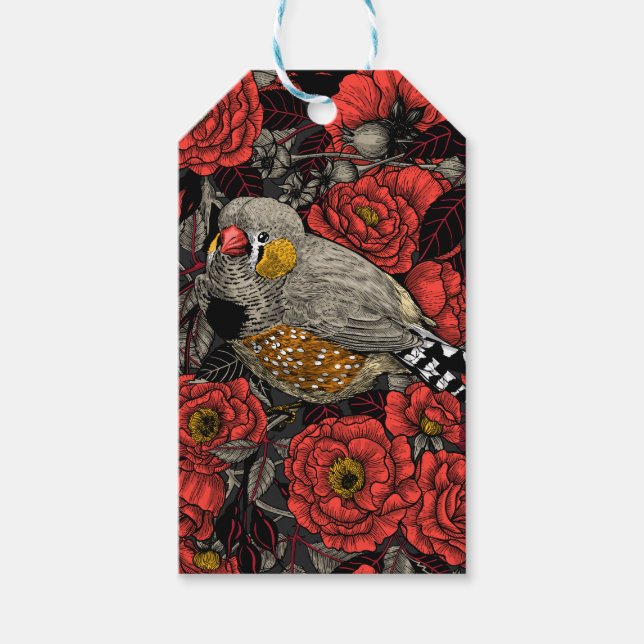 Zebra finch och röd ros bush presentetikett (Framsidan)