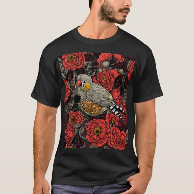 Zebra finch och röd ros bush t shirt (Framsida)