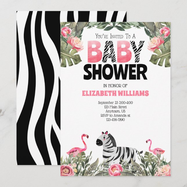 Zebra Flamingos Rosa Black Baby Shower Inbjudningar (Fram/baksida)