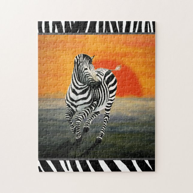 Zebra Galloping vid Sunset Pussel (Vertikal)