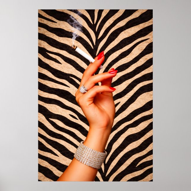 Zebra Glam Mode Affisch, Lyx Cigarett Hand Poster (Framsidan)