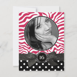 Zebra Glitter och Polkadots Photo Sweet 16 Rosa Inbjudningar