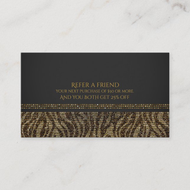 Zebra Glitter Sekvens Glam Chic Referera en vän Rabattkort (Framsida)