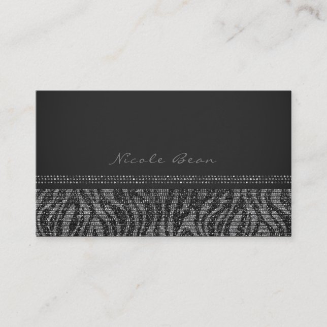 Zebra Glitter Silver Svart Glam Chic Elegant Bling Visitkort (Framsida)