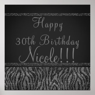 Zebra Glitter Silver Svart Glam Chic Fest Banner Poster