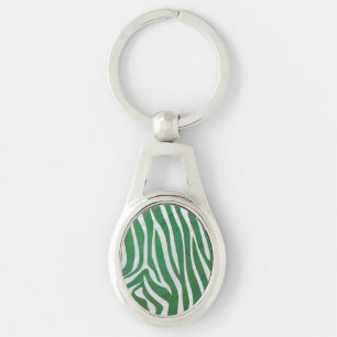 Zebra-Grönt och vit utskrift Ovalt Silverfärgad Nyckelring