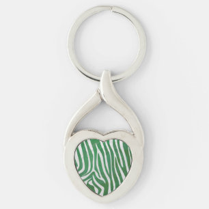 Zebra-Grönt och vit utskrift Twisted Heart Silverfärgad Nyckelring