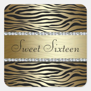 Zebra Guld Print med Faux Jewels Sticker Fyrkantigt Klistermärke