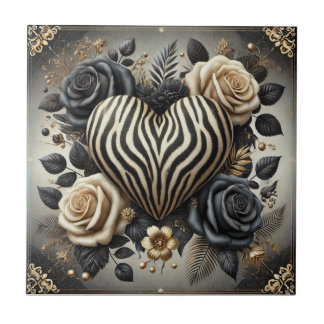 Zebra Heart & Rose Glam Ceramic Tile Kakelplatta