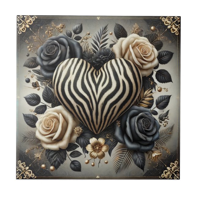 Zebra Heart & Rose Glam Ceramic Tile Kakelplatta (Framsidan)