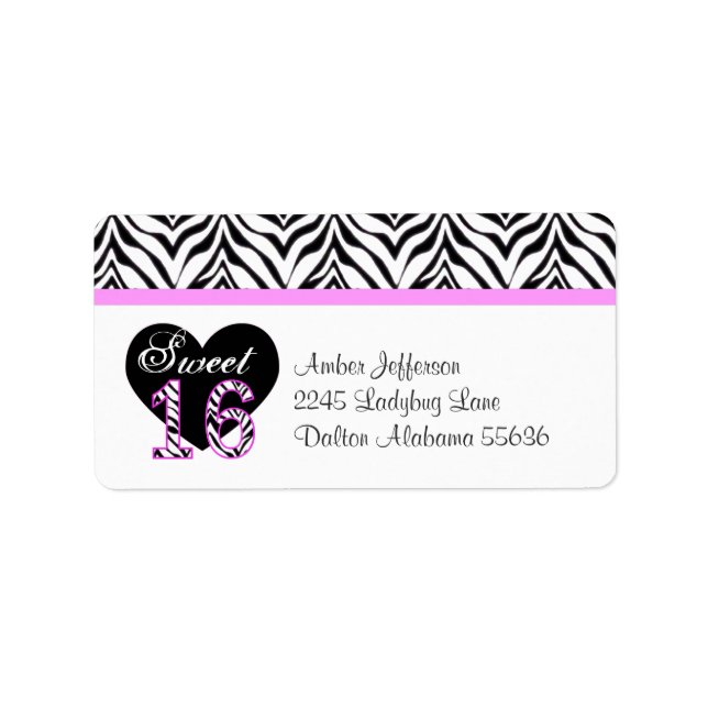 Zebra Heart Sweet 16 Adressetiketter (Framsidan)