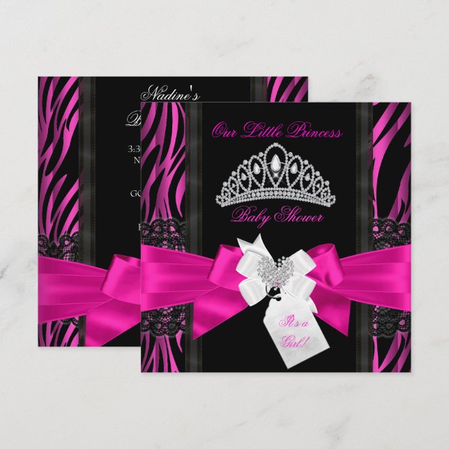 Zebra Hot Pink Prinsessa Bebis Badrum Flicka Svart Inbjudningar (Fram/baksida)