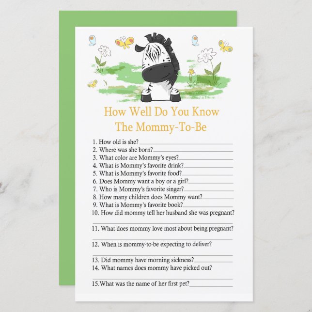 Zebra Hur väl känner du till baby shower (Fram/baksida)
