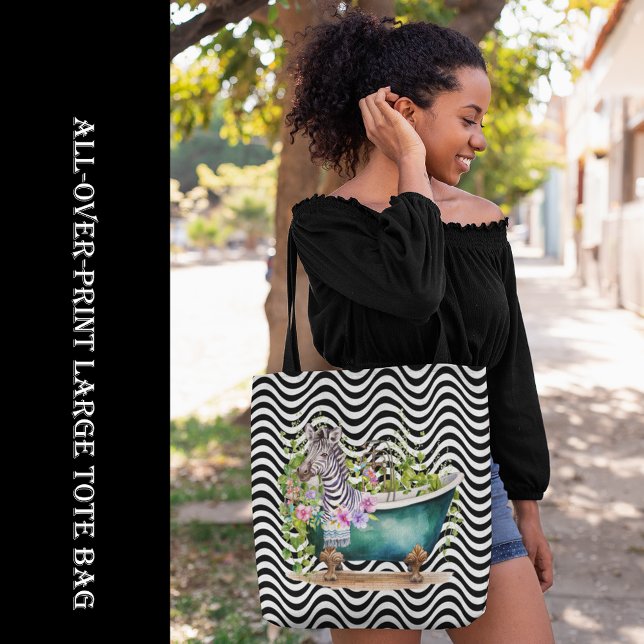 Zebra i Tub Black White Vågigt Rand Psychedelic Tygkasse (Zebra in Tub Black White Wavy Stripes Psychedelic Tote Bag, large bag, all-over-print bag, shopping)