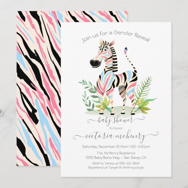Zebra Jungle Gender Reveal Baby Shower Inbjudningar (Fram/baksida)