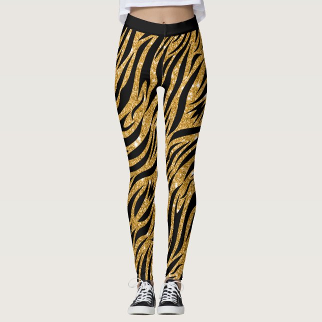 Zebra Leggings Womens, Guld Glitter look and Black (Framsida)
