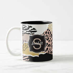 Zebra Leopard Collage w/ Anpassningsbar Monogram & Två-Tonad Mugg