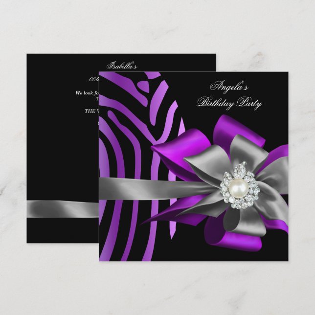 Zebra Lila Black Silver Bow Pearl Birthday 2 Inbjudningar (Fram/baksida)