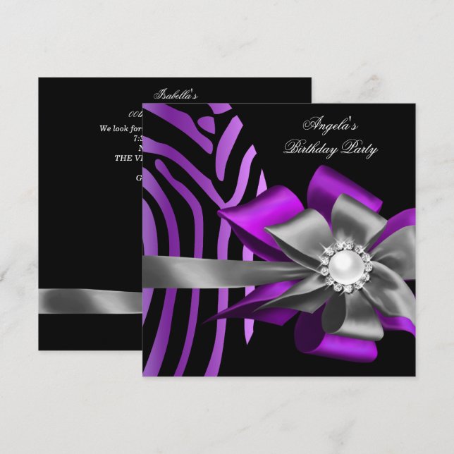 Zebra Lila Black Silver Bow Pearl Birthday Inbjudningar (Fram/baksida)