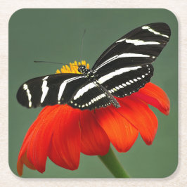 Zebra Longwing på Red Flower Underlägg Papper Kvadrat
