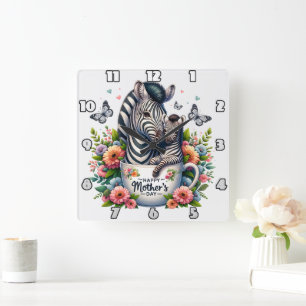 Zebra Mamma: Foal, Flowers, Mors dag Fyrkantig Klocka