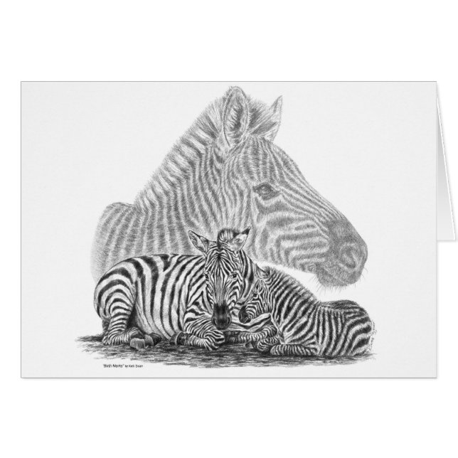 Zebra Mare och Foal Pencil Teckning av Kelli Svan OBS Kort (Framsidan Horizontal)