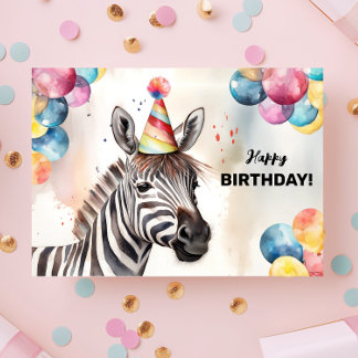 Zebra med Balloons och Party Hat Grattis på födels Kort