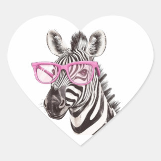 Zebra med Rosa Glass Hjärtformat Klistermärke