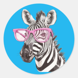 Zebra med Rosa Glass Sticker D. Blue Background Runt Klistermärke