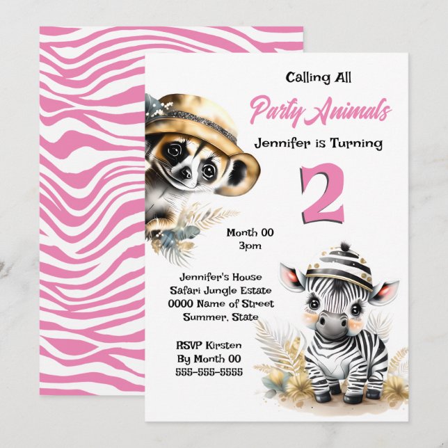 Zebra meerkat djungle safari vilda djur rosa flick inbjudningar (Fram/baksida)