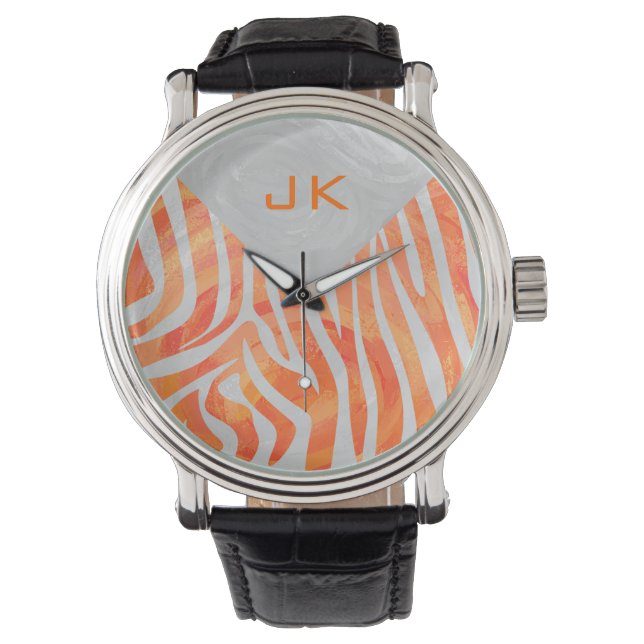 Zebra Monogram Orange och White Armbandsur (Framsida)