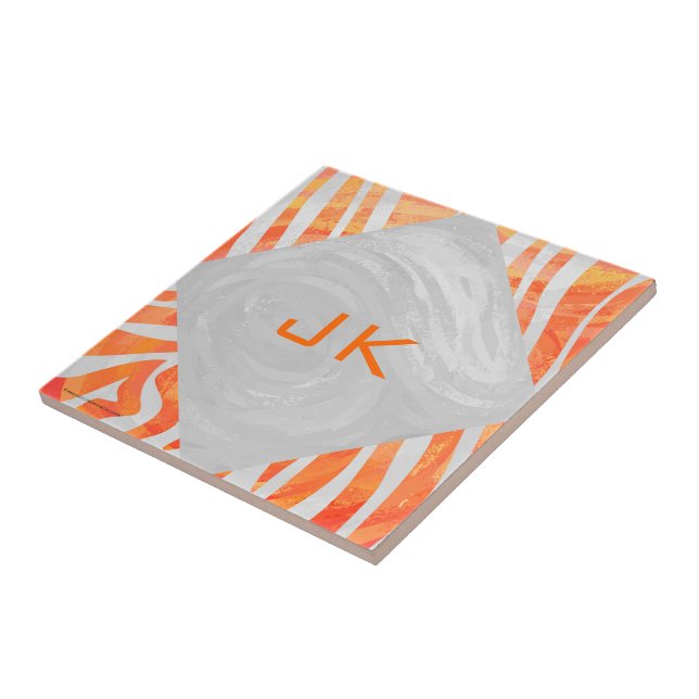 Zebra Monogram Orange och White Kakelplatta (Sidan)