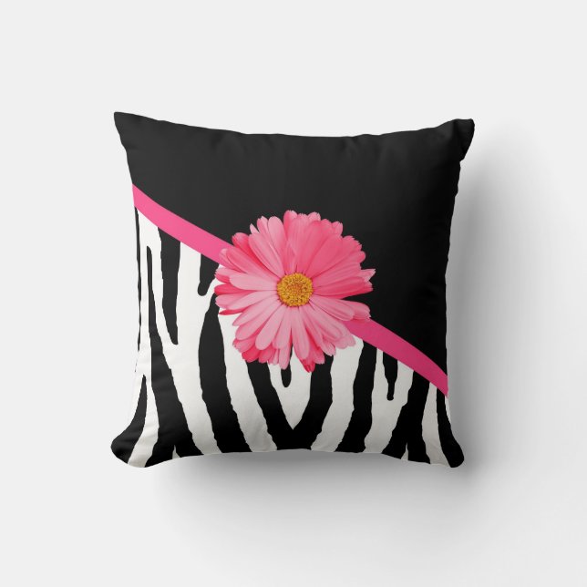 Zebra mönstrad flickaktigt rosa daisy kudde (Framsida)