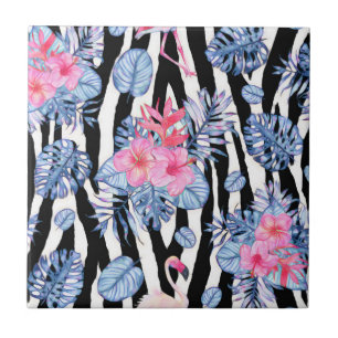 Zebra mönstrad med tropiska Hibiscus och Flamingo Kakelplatta
