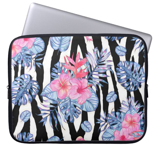 Zebra mönstrad med tropiska Hibiscus och Flamingos Laptop Fodral (Framsidan)