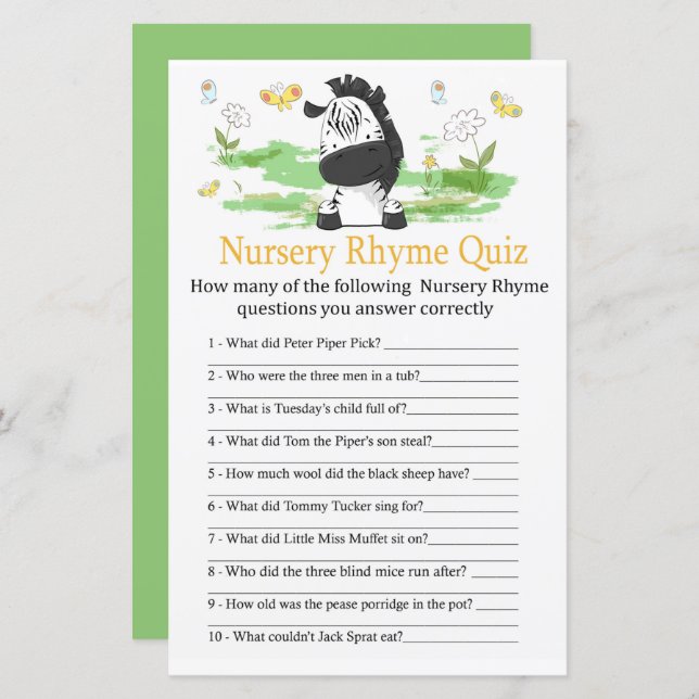 Zebra Nursery Rhyme Quiz babyduschspel (Fram/baksida)