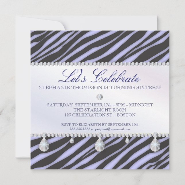 Zebra och Diamonds Sweet 16 Elegance Inbjudningar (Framsida)