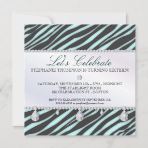 Zebra och Diamonds Sweet 16 Elegance Inbjudningar