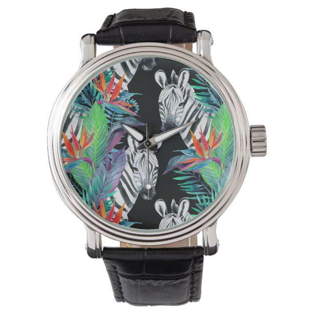 Zebra och exotiska blommor Mönster Armbandsur (Framsida)