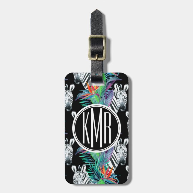 Zebra och exotiska blommor Mönster| Monogram Bagagebricka (Vertikal Framsida)